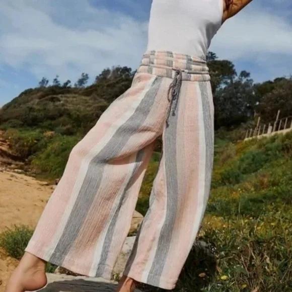 Free People Wide Leg Striped Pants in Pink, Gray & Cream - Picture 1 of 4